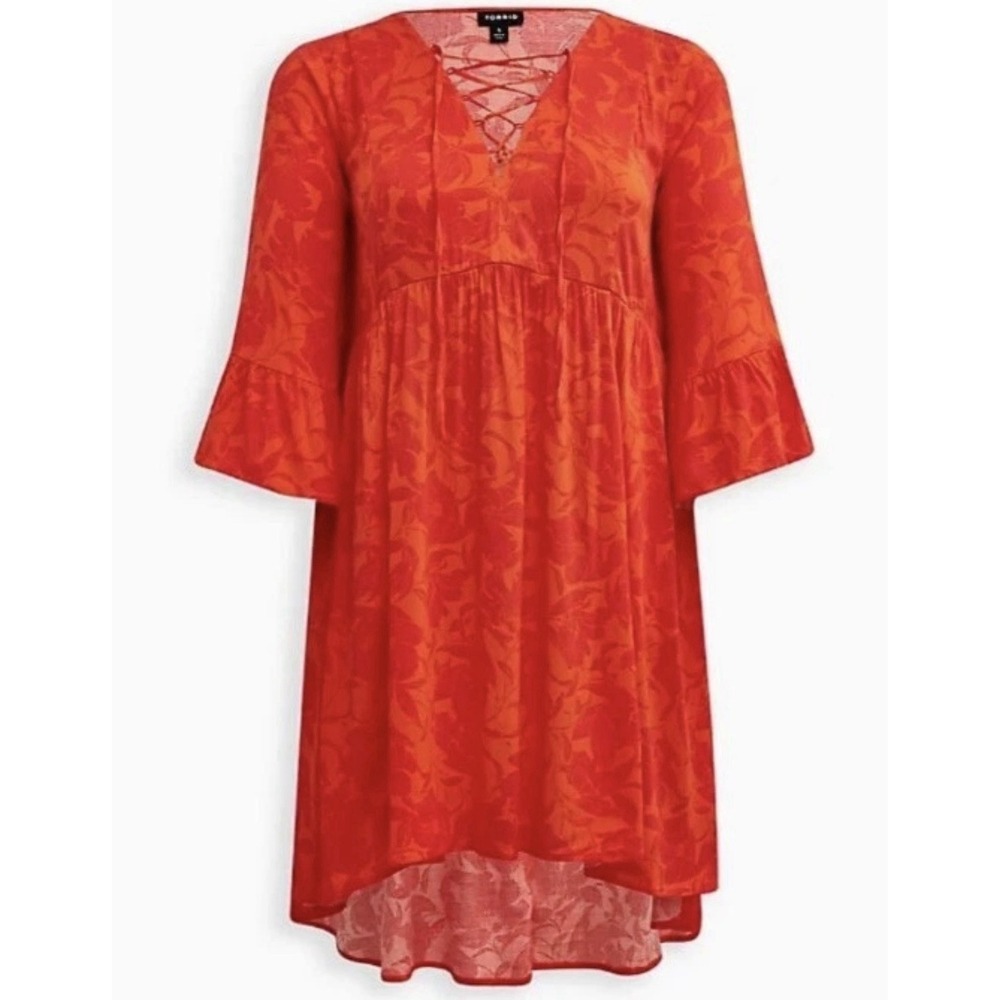 TORRID FLORAL MINI DRESS WITH RUFFLED SLEEVES & LACE-UP NECKLINE 2X Babydoll